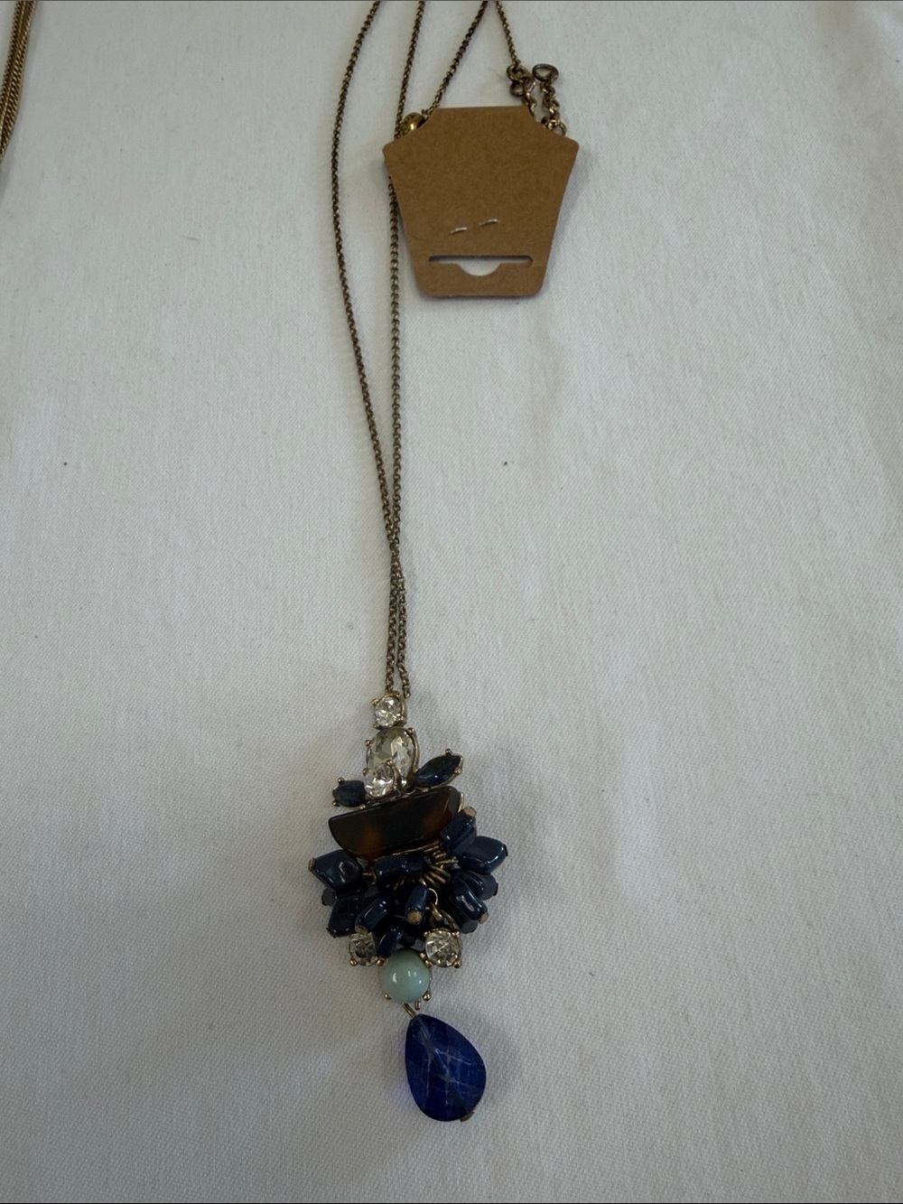 J. Crew Navy, Gold and Crystal Pendant Necklace